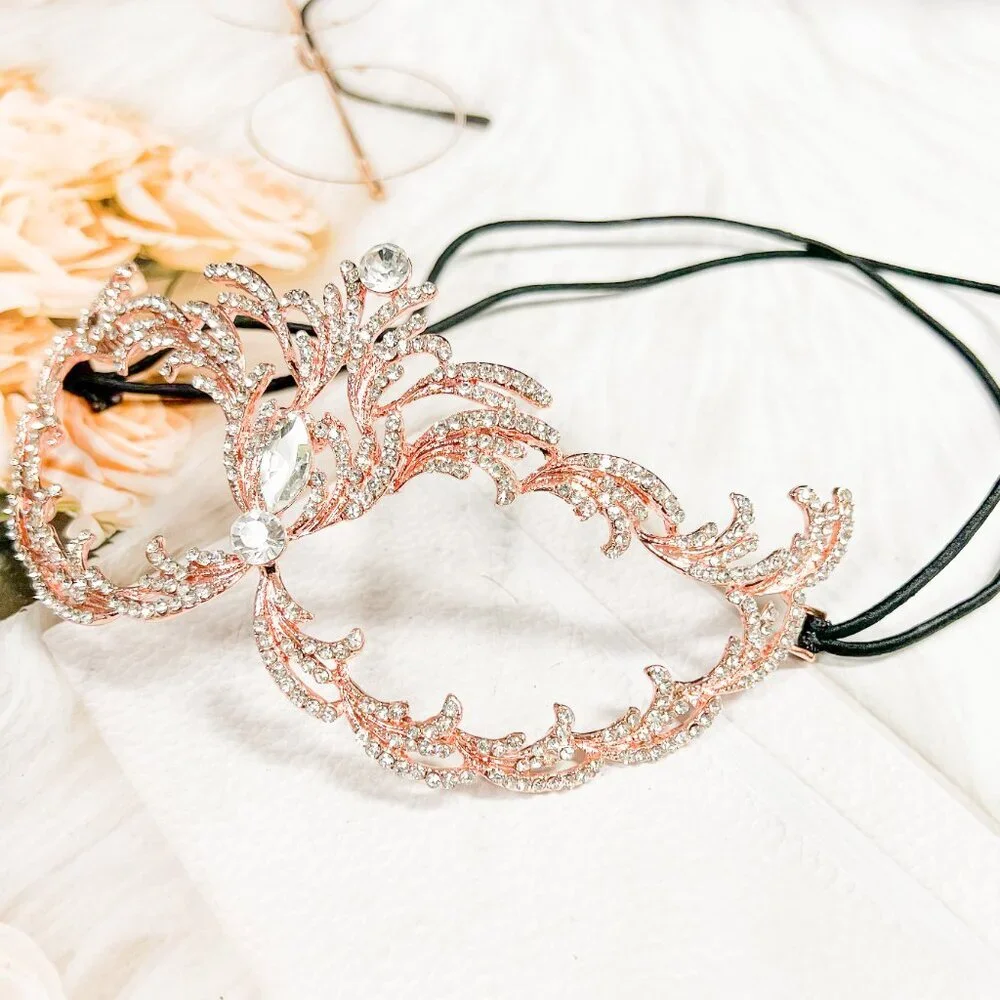 Rose Gold Decorative Masquerade Face Mask with Rhinestones